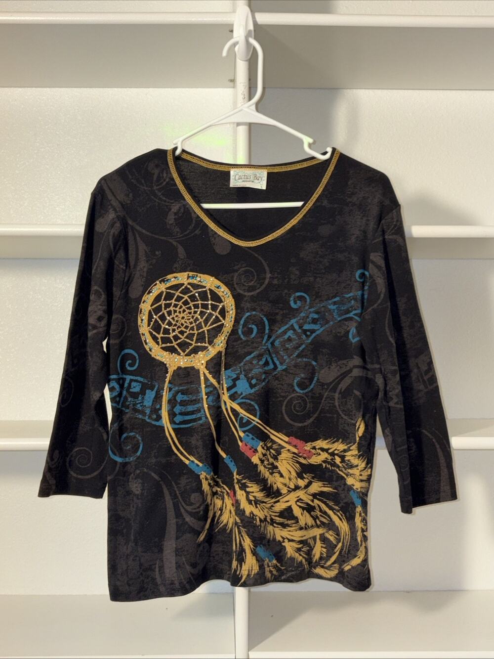 Cactus Bay Apparel Womens 3/4 Sleeve Rhinestone Dreamcatcher Shirt L Black